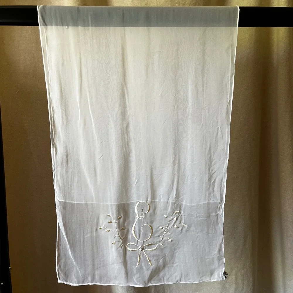 Vintage Bridal Scarf White Silk Rayon Monogram E Embroidered Japan 15x42‎